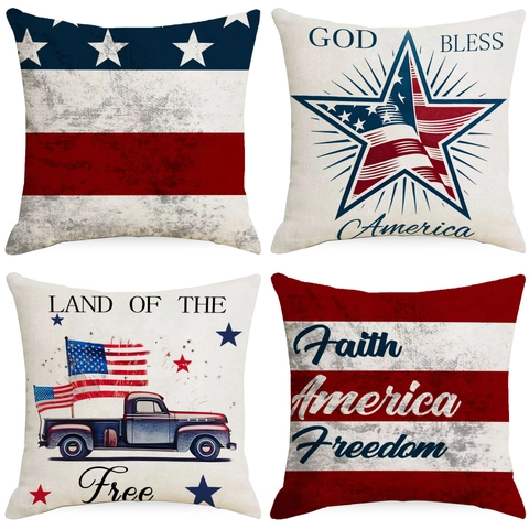 Federa in Lino Bandiera Americana Vintage Patriottico Giorno dell'Indipendenza Fodera per Cuscino Per Divano Casa Decorazione