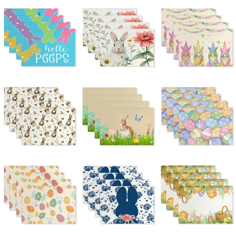 Nordic Easter Linen Placemats Rabbit Colorful Eggs Flower Print Dining Table Mats For Home Holiday Party Decoration