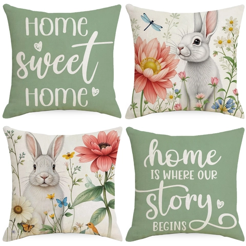Easter Rabbit Flower Linen Throw Pillow Cover Square Letter Print Decorative Cushion Case For Sofa Living Room Home Decor