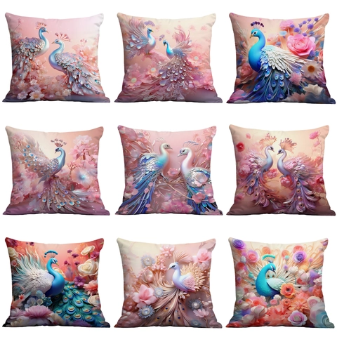 Funda de Cojín con Estampado de Pavo Real y Flores de Lujo Funda de Almohada Cuadrada de Peluche Corto para Sofá