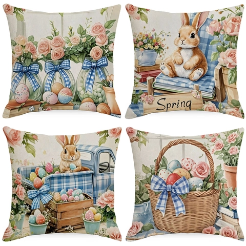 Ostern Frühling Leinen Kissenbezug Blumen LKW Hase Druck Outdoor Sofa Kissenbezug Quadratisch Dekorativer Kissenhülle