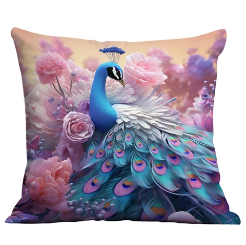 Funda de Cojín con Estampado de Pavo Real y Flores de Lujo Funda de Almohada Cuadrada de Peluche Corto para Sofá