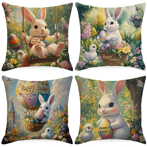 Osterhase Leinen Kissenbezug Aquarell Blume Hase Muster Dekorativer Überwurf Kissenbezug Für Wohnzimmer Dekoration