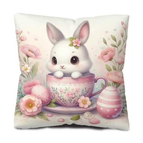 Easter Rabbit Bunny Flower Tea Cup Digital Print Cushion Cover Short Plush Square Pillowcase For Sofa Home Decor