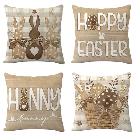 Linen Easter Pillow Case Retro Rabbit Egg Decorative Cushion Cover For Sofa Living Room Office Square Throw Pillow Cover