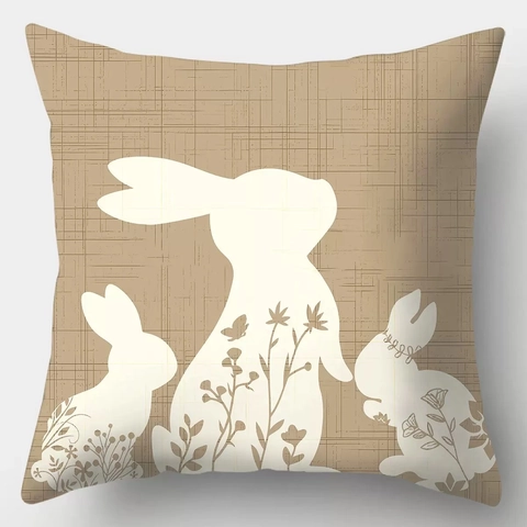 Housse de Coussin Lapin de Pâques en Lin Silhouette Motif Floral Carrée Taie d'Oreiller Décorative pour Canapé Maison