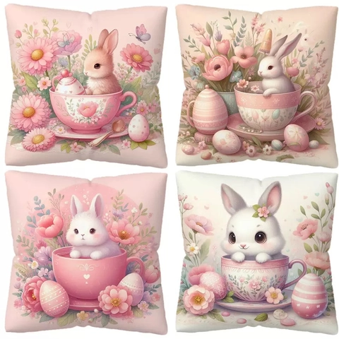 Easter Rabbit Bunny Flower Tea Cup Digital Print Cushion Cover Short Plush Square Pillowcase For Sofa Home Decor