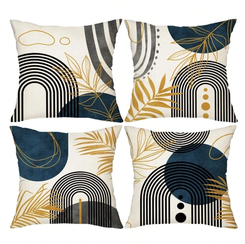 Federa Per Cuscino In Lino Geometrico Astratto Moderno Blu Navy Oro Foglia Di Palma Tropicale Copricuscino Decorativo Per Divano