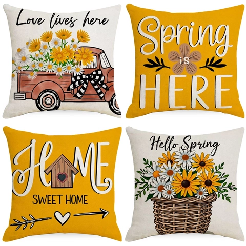 Sunflower Spring Decorative Pillow Covers Linen Cotton Blend Rustic Truck Floral Cushion Case For Home Sofa Easter Decor