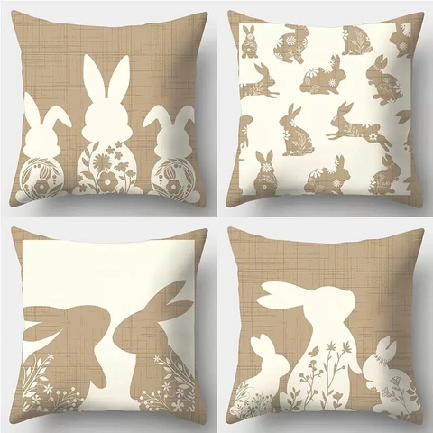 Housse de Coussin Lapin de Pâques en Lin Silhouette Motif Floral Carrée Taie d'Oreiller Décorative pour Canapé Maison
