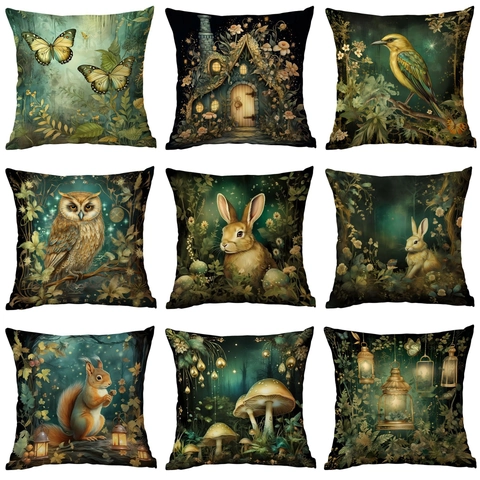 Phantasie Wald Nachtszene Eichhörnchen Kaninchen Drucken Kissenbezug Kurzplüsch Kissenhülle Für Wohnkultur Wohnzimmer
