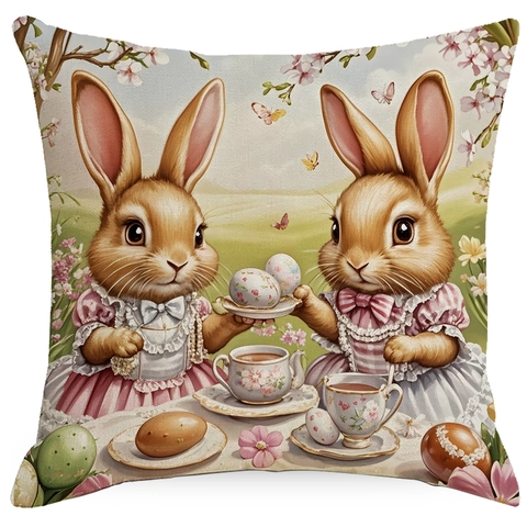 Easter Linen Pillow Cover Bunny Egg Tea Party Pattern Cushion Case For Home Living Room Bedroom Holiday Decoration Square Case