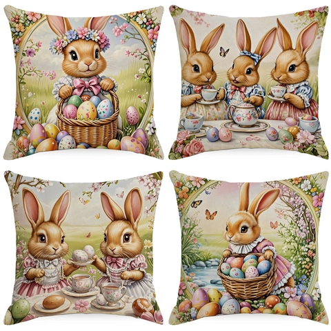 Easter Linen Pillow Cover Bunny Egg Tea Party Pattern Cushion Case For Home Living Room Bedroom Holiday Decoration Square Case