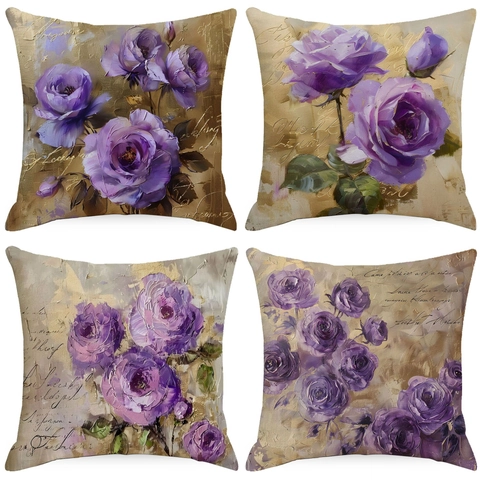 American Vintage Leinen Kissenbezug Lila Rose Ölgemälde Muster Künstlerische Quadratische Kissenhülle Für Sofa Bett Home Decor