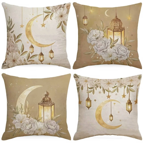 Halbmond Laterne Floral Leinen Kissenbezug Vintage Künstlerischer Aquarelldruck Deko Kissenhülle Für Sofa Zuhause Dekor