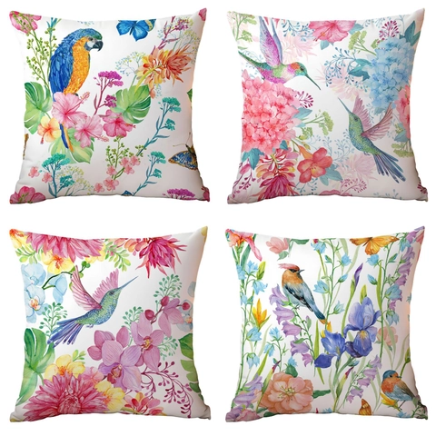 Polyester Pillow Cover Artistic Watercolor Floral Bird Print Decorative Cushion Case For Living Room Sofa Home Decor
