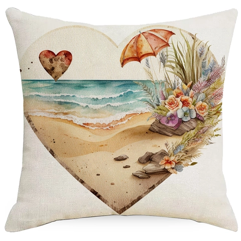 Zomer Strand Hartvormige Aquarel Linnen Kussensloop Decoratieve Tropische Bloem Kokosnoot Boom Kussenhoes Voor Sofa Home Decor