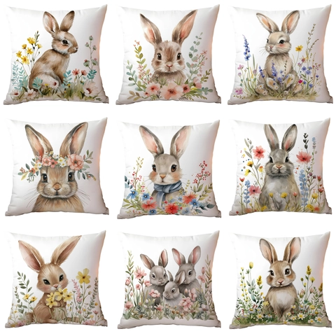 Pasen Konijn Kussensloop Aquarell Konijn Bloemenprint Decoratieve Polyester Kussenhoes Voor Bank Sofa Home Decor