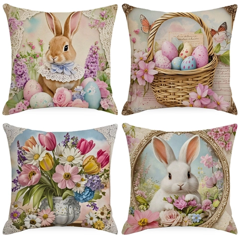 Linen Easter Pillowcase Retro Rabbit Colorful Eggs Flowers Cushion Cover For Living Room Sofa Home Decor Without Insert