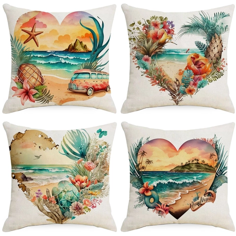 Zomer Strand Hartvormige Aquarel Linnen Kussensloop Decoratieve Tropische Bloem Kokosnoot Boom Kussenhoes Voor Sofa Home Decor