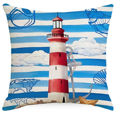 Nautical Sailor Linen Pillow Cover Coastal Decor Navy Blue White Cushion Case With Anchor Lighthouse Sailboat Print For Sofa