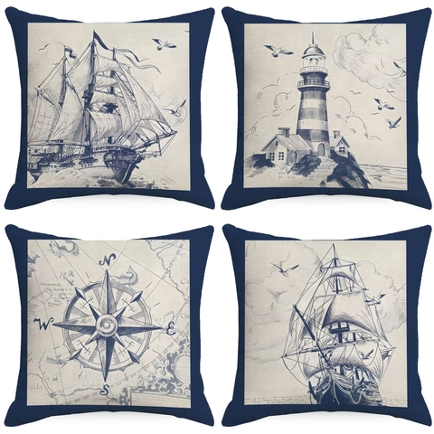 Vintage Nautischer Leinen Kissenbezug Segelboot Kompass Leuchtturm Anker Dekorativer Kissenhülle Für Wohnzimmer Home Dekor