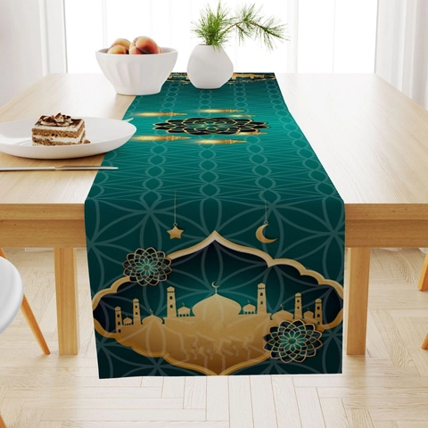Ramadan Eid Mubarak Linen Table Runner And Pillowcase Set Moon Star Lantern Mosque Pattern Islamic Festive Home Decor