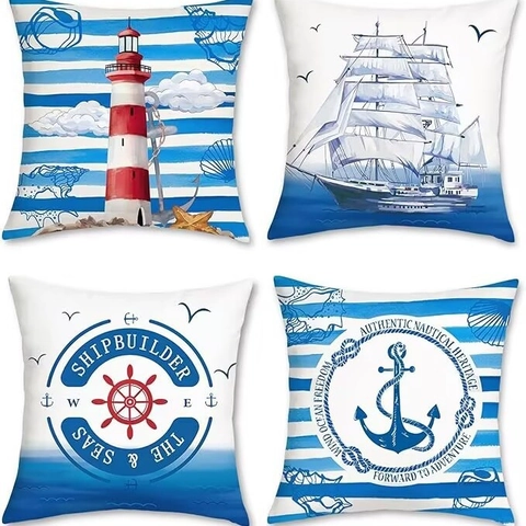 Nautical Sailor Linen Pillow Cover Coastal Decor Navy Blue White Cushion Case With Anchor Lighthouse Sailboat Print For Sofa