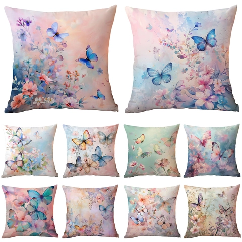 Watercolor Butterfly Floral Print Short Plush Throw Pillow Cover Artistic Decorative Square Cushion Case For Home Sofa