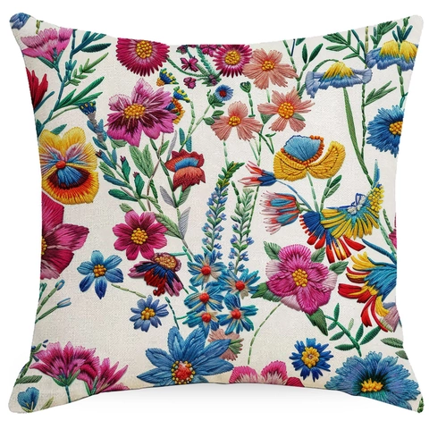 Housse de Coussin en Lin Floral Vintage Style Broderie Carrée Taie de Coussin Décorative pour Canapé Maison Salon