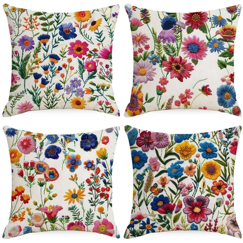Housse de Coussin en Lin Floral Vintage Style Broderie Carrée Taie de Coussin Décorative pour Canapé Maison Salon