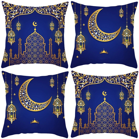 Linen Ramadan Eid Mubarak Decorative Pillow Case Table Runner Placemat Deep Blue Golden Moon Star Mosque Home Decor