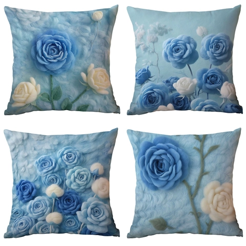 Funda de Almohada Decorativa 3D Rosa Azul Felpa Corta Relieve Cuadrada Funda de Cojín para Sofá Sala de Estar