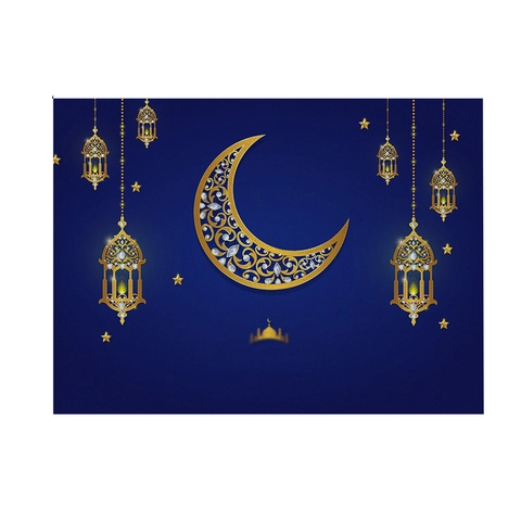 Linen Ramadan Eid Mubarak Decorative Pillow Case Table Runner Placemat Deep Blue Golden Moon Star Mosque Home Decor