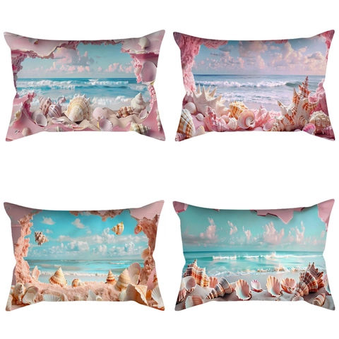 Rosa Traumhafter Strand Ozean Muschel 3D Bedruckt Polyester Kissenbezug Rechteck Sofa Kissenhülle Dekorativ Haus Deko Wohnzimmer Schlafzimmer