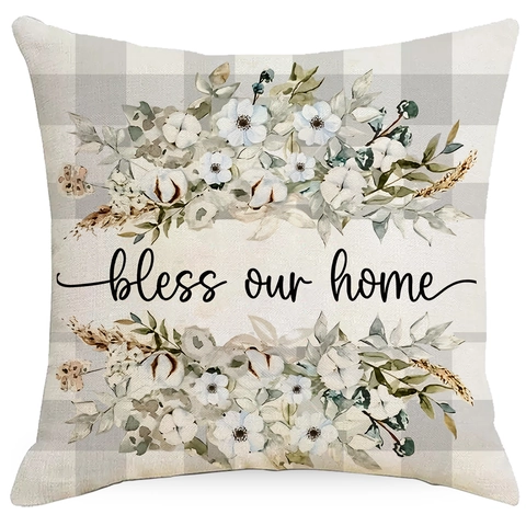 Funda de Almohada de Lino Floral Estilo Granja Con Texto Bless Our Home Gather Impreso Funda de Cojín Decorativa para Sofá