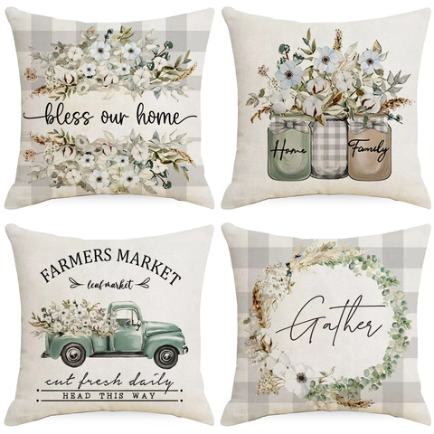 Funda de Almohada de Lino Floral Estilo Granja Con Texto Bless Our Home Gather Impreso Funda de Cojín Decorativa para Sofá