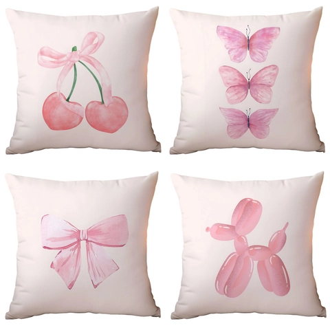 Federa per Cuscino Nordica ad Acquerello Rosa con Fiocco Ciliegia Farfalla Cane Palloncino Stampa Morbido Peluche per Divano