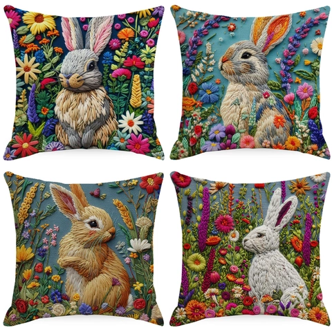 Ostern Hase Blumenmuster Leinen Kissenbezug 3D Stickerei-Imitat Bedruckte Dekorative Kissenhülle Für Heim Wohnzimmer