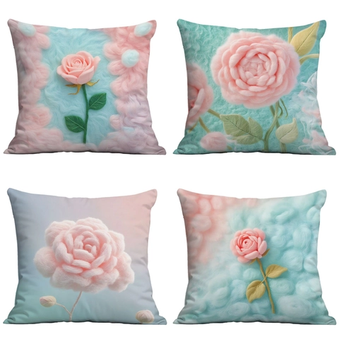 3D Verträumte Rosa Rose Blume Druck Quadratischer Kissenbezug Kurzplüsch Weich Dekorative Kissenhülle Für Sofa Wohnzimmer Deko