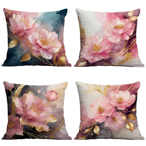 Modern Light Luxury Gilded Floral Pillowcase Polyester Watercolor Flower Cushion Cover For Living Room Sofa Home Decor