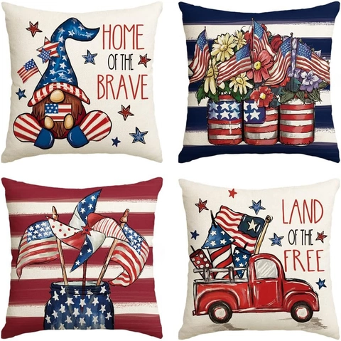 Independence Day Gnome Red Truck Linen Pillowcase Patriotic Stars Stripes Decorative Cushion Cover Sofa Living Decor