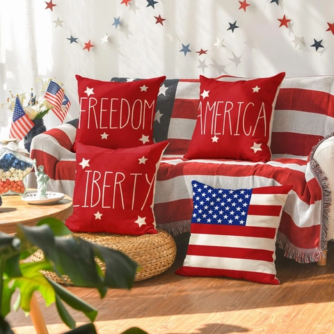 Independence Day Linen Pillow Case American Flag Patriotic Star Letter Print Sofa Cushion Cover For Home Decor