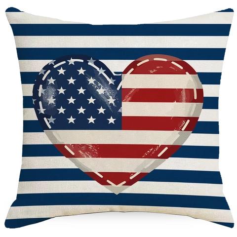 Housse de Coussin en Lin Patriotique du Jour de l'Indépendance USA Drapeau Américain Cœur Étoiles Rayures Décorative pour Canapé Maison