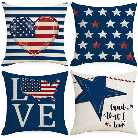 Housse de Coussin en Lin Patriotique du Jour de l'Indépendance USA Drapeau Américain Cœur Étoiles Rayures Décorative pour Canapé Maison