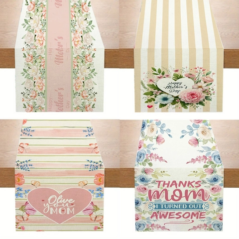 Runner da Tavolo Festa della Mamma Fiori Rosa Cuore Stampa Poliestere Look Lino Tovaglia Decorativa Per Casa Sala da Pranzo Deco