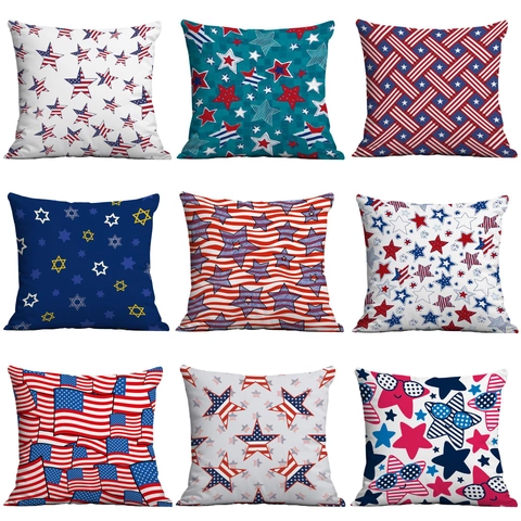 Funda de Cojín Día de la Independencia Americana Felpa Corta Rojo Blanco Azul Estrellas y Rayas Estampado Sofá Decoración Hogar