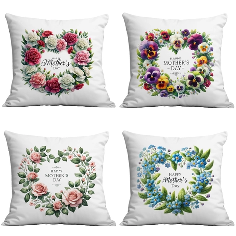 Housse de Coussin Décorative en Velours Doux avec Couronne de Fleurs Happy Mother's Day pour Canapé Maison Cadeau Maman