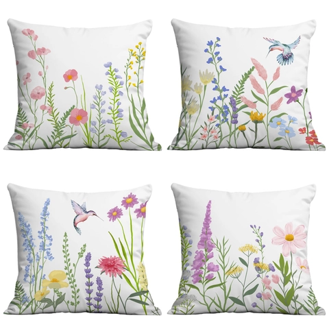 Short Plush Floral Print Cushion Cover Flower Hummingbird Butterfly Pattern Square Decorative Pillow Case For Sofa Home Decor