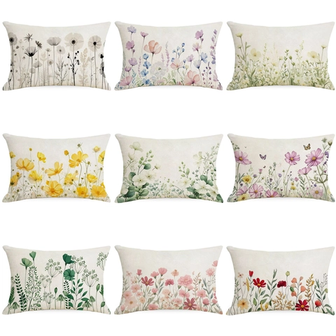 Ländlicher Leinen Blumen Kissenbezug Aquarell Botanischer Druck Sofakissenbezug Für Wohnzimmer Zuhause Dekor